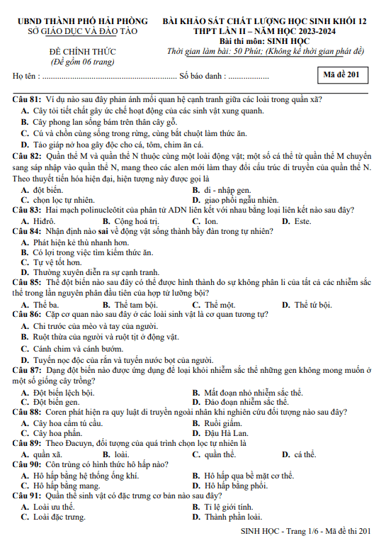 Đề khảo sát chất lượng Sinh học 12 lần 2 năm 2023 – 2024 sở GD&ĐT Hải Phòng