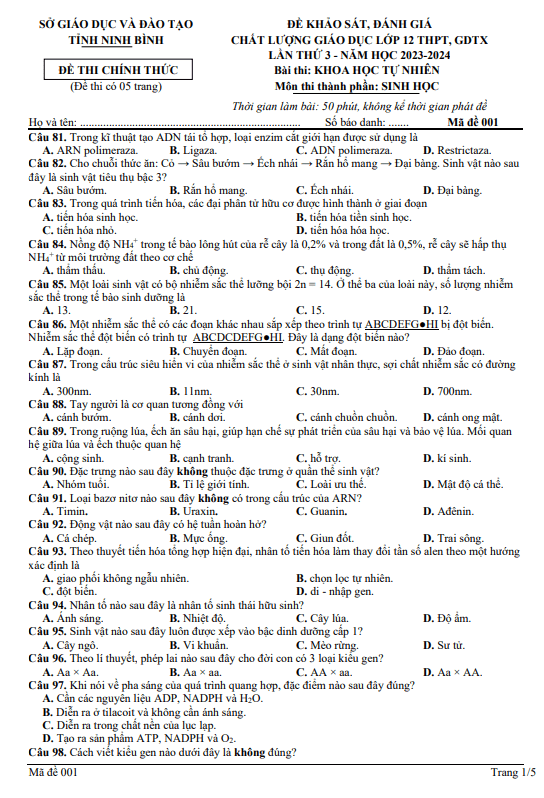 Đề khảo sát chất lượng Sinh học 12 lần 3 năm 2023 – 2024 sở GD&ĐT Ninh Bình