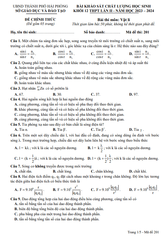Đề khảo sát chất lượng Vật lí 12 lần 2 năm 2023 – 2024 sở GD&ĐT Hải Phòng