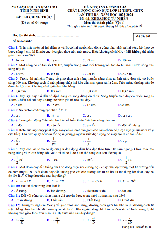 Đề khảo sát chất lượng Vật lí 12 lần 3 năm 2023 – 2024 sở GD&ĐT Ninh Bình