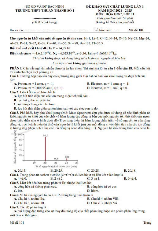 Đề khảo sát Hóa học 11 đầu năm học 2024 – 2025 trường THPT Thuận Thành 1 – Bắc Ninh