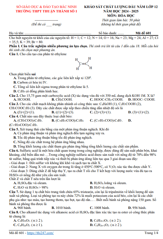Đề khảo sát Hóa học 12 đầu năm học 2024 – 2025 trường THPT Thuận Thành 1 – Bắc Ninh