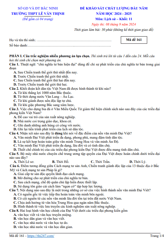Đề khảo sát Lịch sử 11 đầu năm 2024 – 2025 trường THPT Lê Văn Thịnh – Bắc Ninh