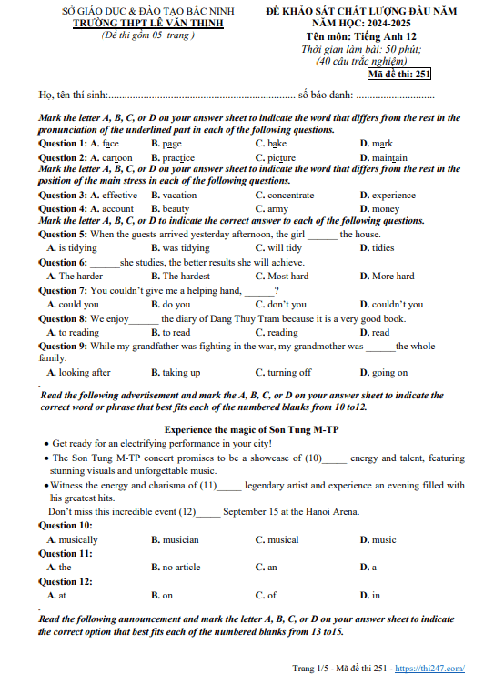 Đề khảo sát Tiếng Anh 12 đầu năm 2024 – 2025 trường THPT Lê Văn Thịnh – Bắc Ninh