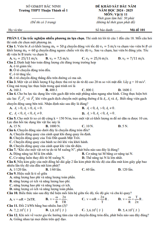 Đề khảo sát Vật lí 11 đầu năm học 2024 – 2025 trường THPT Thuận Thành 1 – Bắc Ninh