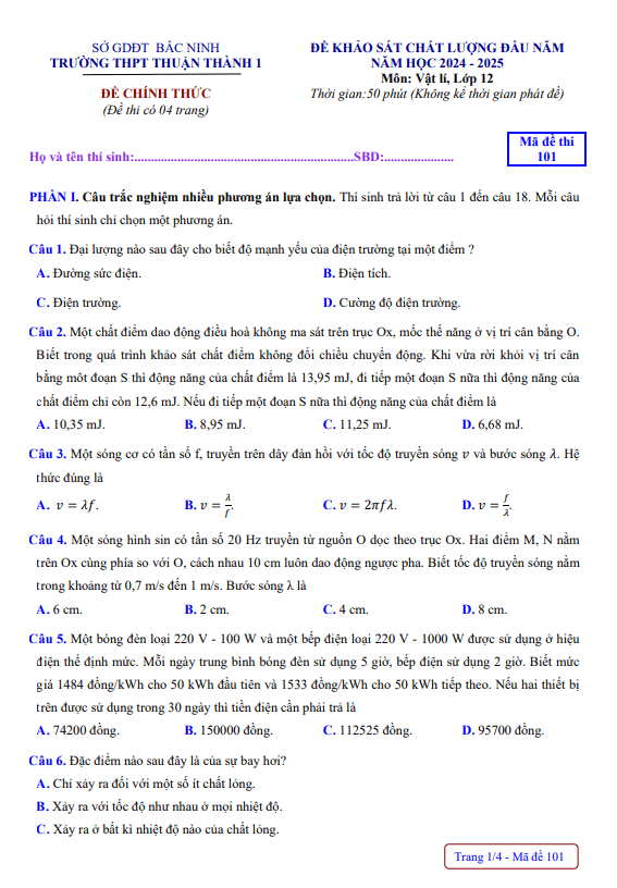 Đề khảo sát Vật lí 12 đầu năm học 2024 – 2025 trường THPT Thuận Thành 1 – Bắc Ninh