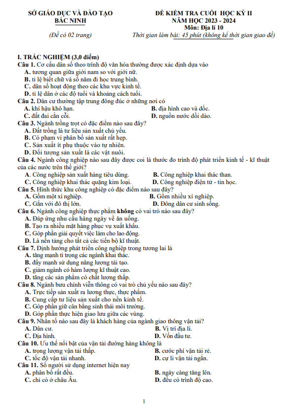 Đề kiểm tra cuối học kì 2 Địa lí 10 năm 2023 – 2024 sở GD&ĐT Bắc Ninh