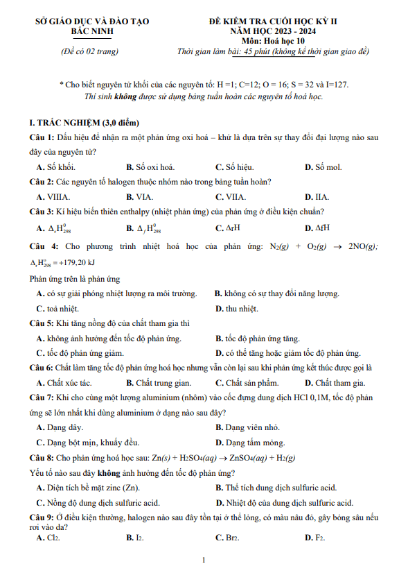Đề kiểm tra cuối học kì 2 Hóa học 10 năm 2023 – 2024 sở GD&ĐT Bắc Ninh