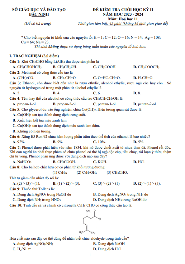 Đề kiểm tra cuối học kì 2 Hóa học 11 năm 2023 – 2024 sở GD&ĐT Bắc Ninh