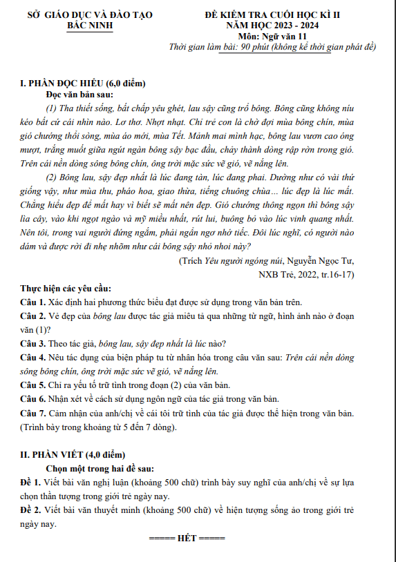 Đề kiểm tra cuối học kì 2 Ngữ Văn 11 năm 2023 – 2024 sở GD&ĐT Bắc Ninh
