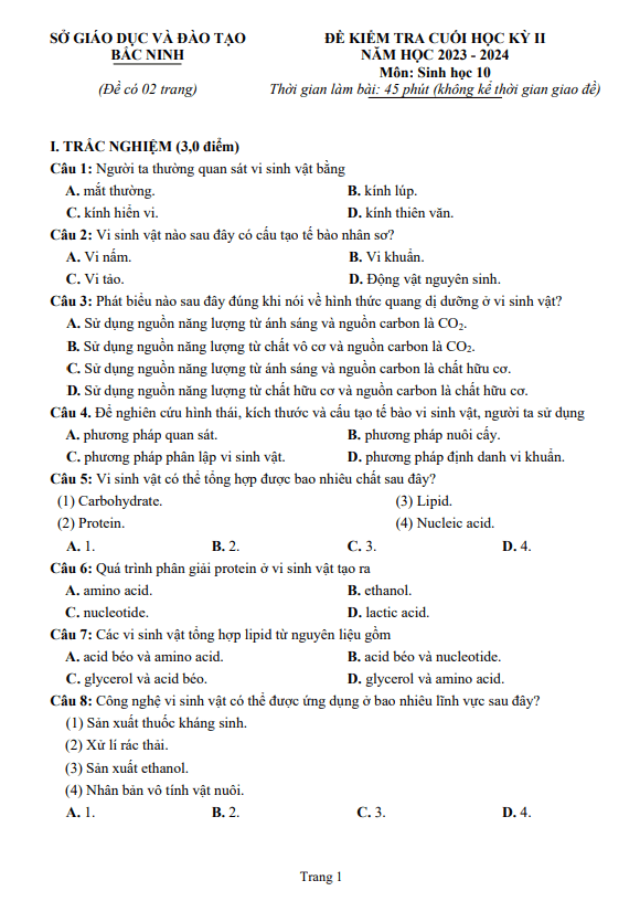 Đề kiểm tra cuối học kì 2 Sinh học 10 năm 2023 – 2024 sở GD&ĐT Bắc Ninh