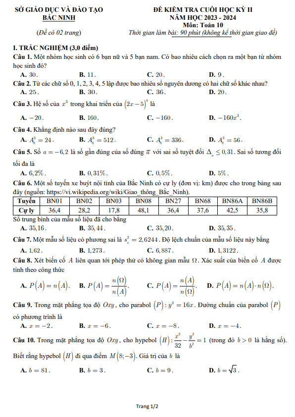 Đề kiểm tra cuối học kì 2 Toán 10 năm 2023 – 2024 sở GD&ĐT Bắc Ninh