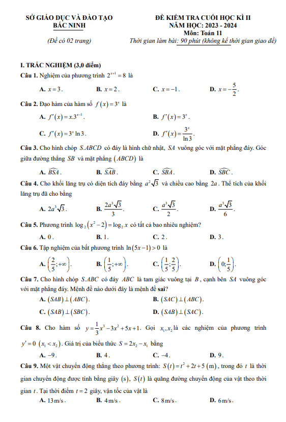 Đề kiểm tra cuối học kì 2 Toán 11 năm 2023 – 2024 sở GD&ĐT Bắc Ninh