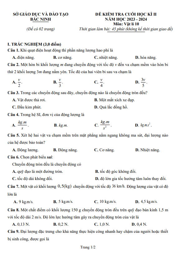 Đề kiểm tra cuối học kì 2 Vật lí 10 năm 2023 – 2024 sở GD&ĐT Bắc Ninh