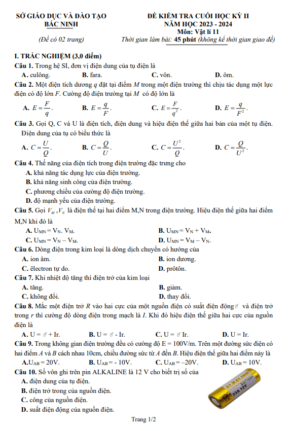 Đề kiểm tra cuối học kì 2 Vật lí 11 năm 2023 – 2024 sở GD&ĐT Bắc Ninh