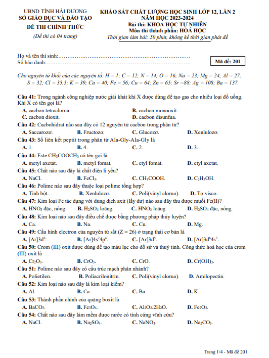 Đề KSCL học sinh Hóa học 12 lần 2 năm 2023 – 2024 sở GD&ĐT Hải Dương
