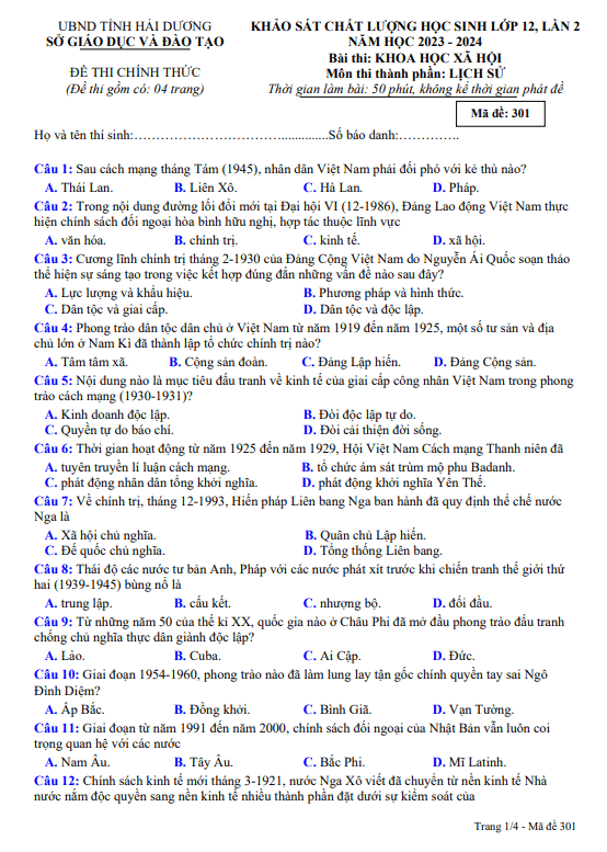 Đề KSCL học sinh Lịch sử 12 lần 2 năm 2023 – 2024 sở GD&ĐT Hải Dương