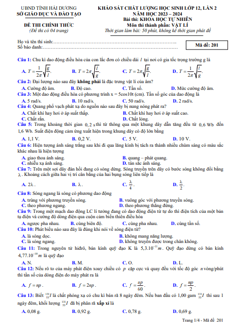 Đề KSCL học sinh Vật lí 12 lần 2 năm 2023 – 2024 sở GD&ĐT Hải Dương