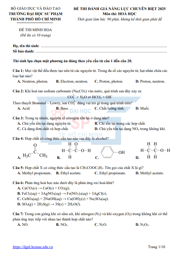 Đề minh họa ĐGNL chuyên biệt năm 2025 môn Hóa học trường ĐHSP – TP HCM