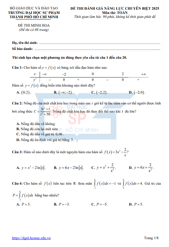 Đề minh họa ĐGNL chuyên biệt năm 2025 môn Toán trường ĐHSP – TP HCM