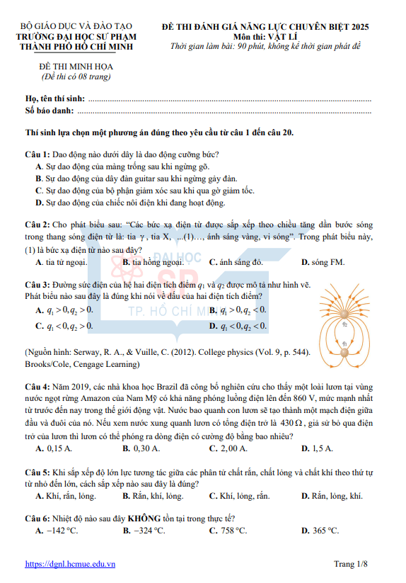 Đề minh họa ĐGNL chuyên biệt năm 2025 môn Vật lí trường ĐHSP – TP HCM