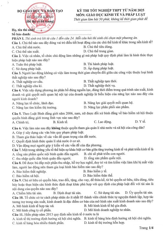 Đề tham khảo kỳ thi tốt nghiệp THPT môn GDKT&PL từ năm 2025