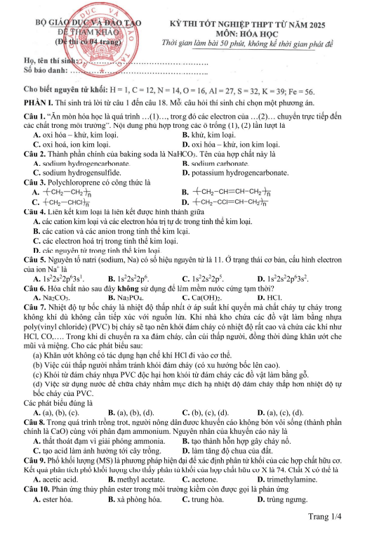 Đề tham khảo kỳ thi tốt nghiệp THPT môn Hóa học từ năm 2025