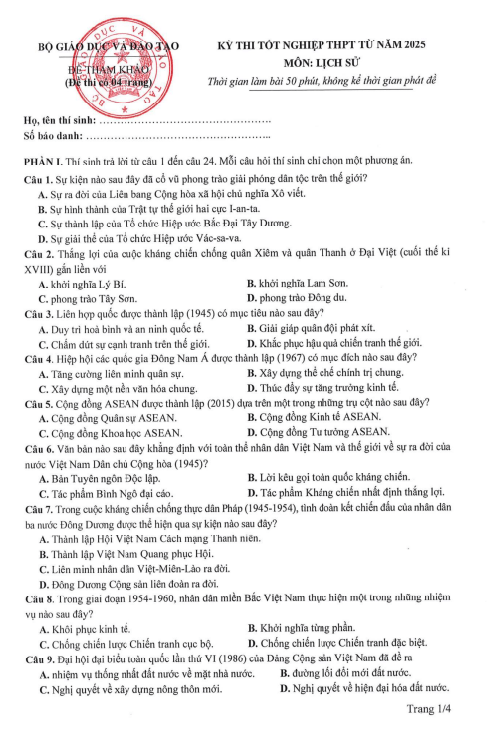 Đề tham khảo kỳ thi tốt nghiệp THPT môn Lịch sử từ năm 2025
