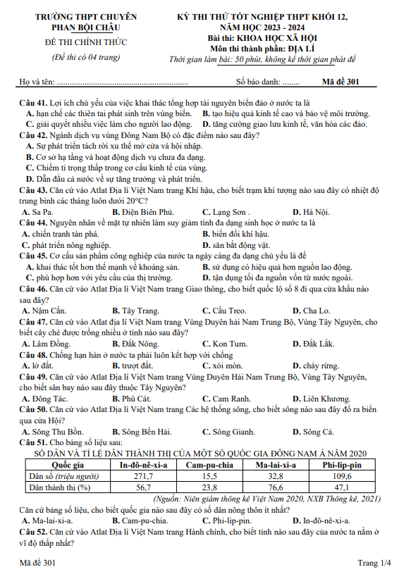 Đề thi thử TN THPT 2024 môn Địa lí trường chuyên Phan Bội Châu – Nghệ An