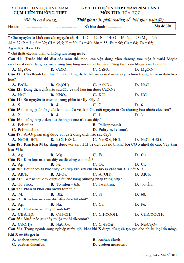 Đề thi thử TN THPT 2024 môn Hóa học lần 1 cụm liên trường THPT – Quảng Nam