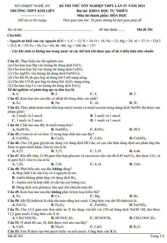 Đề thi thử TN THPT 2024 môn Hóa học lần 4 trường THPT Kim Liên – Nghệ An