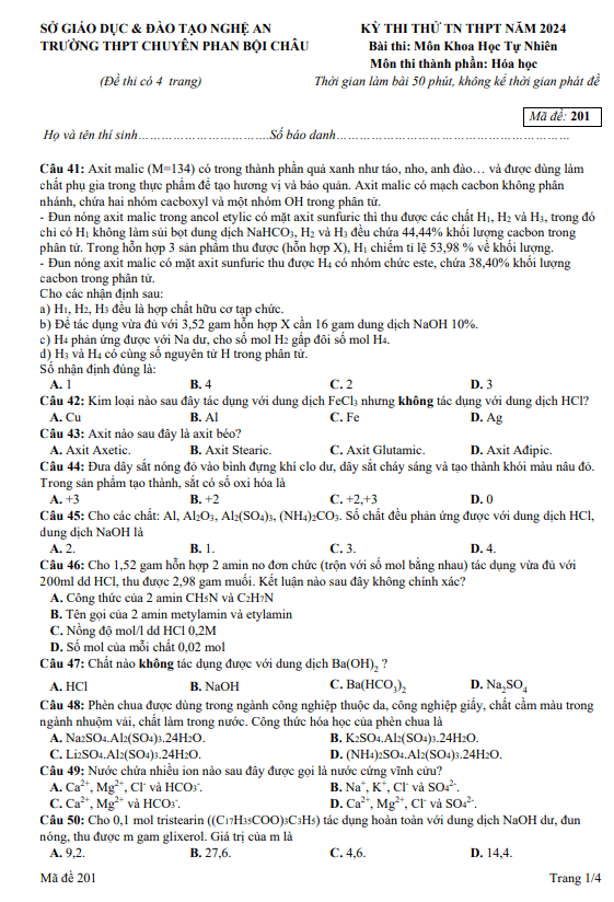 Đề thi thử TN THPT 2024 môn Hóa học trường chuyên Phan Bội Châu – Nghệ An