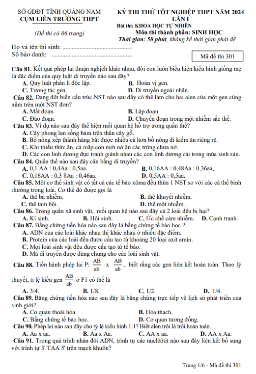 Đề thi thử TN THPT 2024 môn Sinh học lần 1 cụm liên trường THPT – Quảng Nam