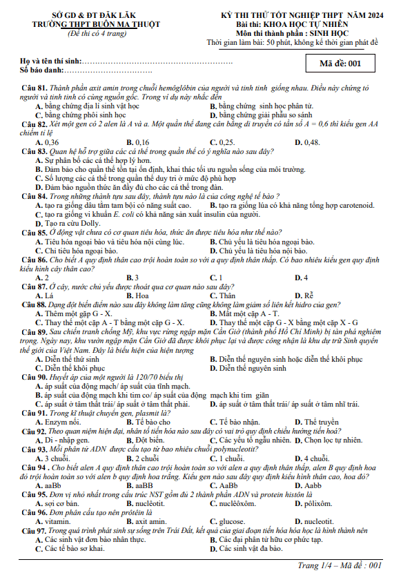Đề thi thử TN THPT 2024 môn Sinh học trường THPT Buôn Ma Thuột – Đắk Lắk