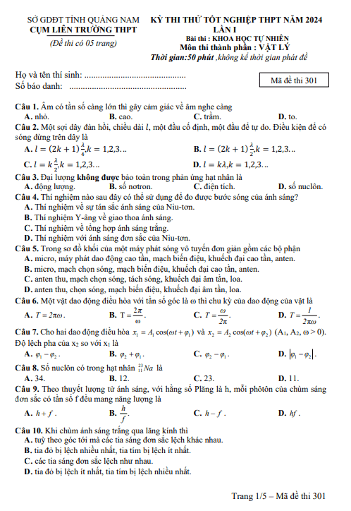 Đề thi thử TN THPT 2024 môn Vật lí lần 1 cụm liên trường THPT – Quảng Nam