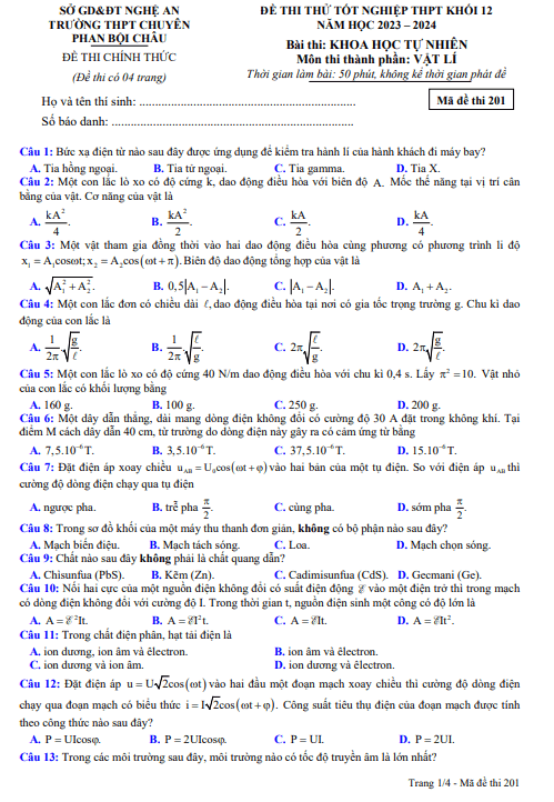Đề thi thử TN THPT 2024 môn Vật lí trường chuyên Phan Bội Châu – Nghệ An
