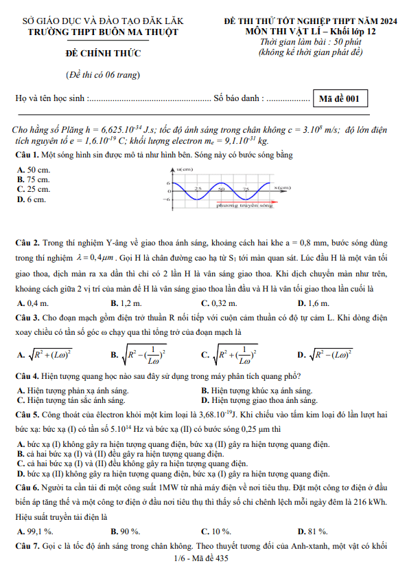 Đề thi thử TN THPT 2024 môn Vật lí trường THPT Buôn Ma Thuột – Đắk Lắk