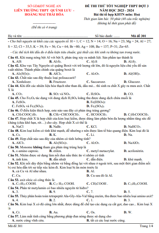 Đề thi thử tốt nghiệp THPT 2024 môn Hóa học đợt 3 liên trường THPT – Nghệ An