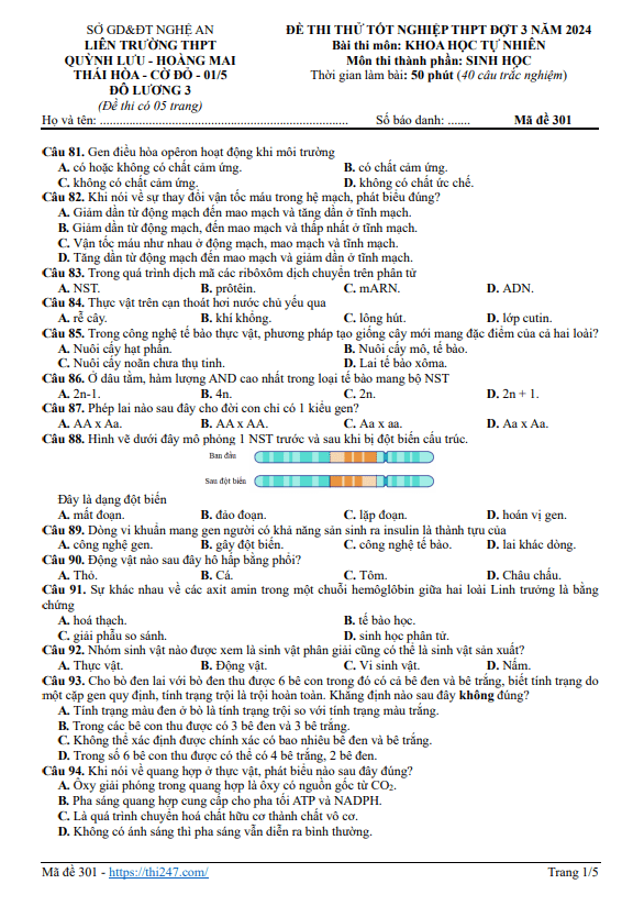 Đề thi thử tốt nghiệp THPT 2024 môn Sinh học đợt 3 liên trường THPT – Nghệ An