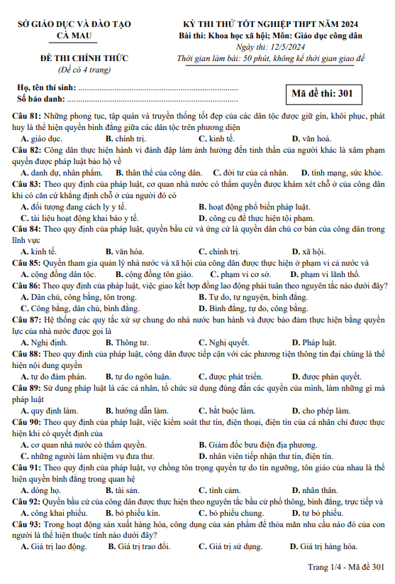 Đề thi thử tốt nghiệp THPT năm 2024 môn GDCD sở GD&ĐT Cà Mau