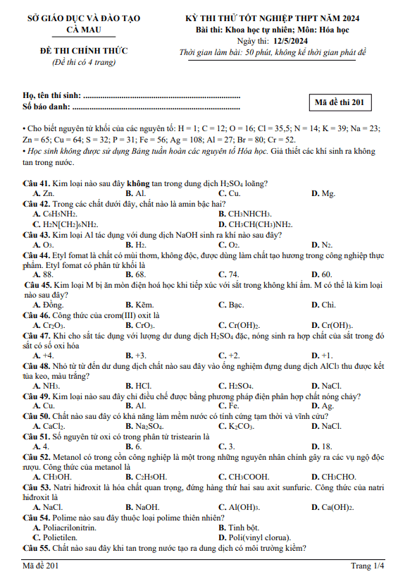 Đề thi thử tốt nghiệp THPT năm 2024 môn Hóa học sở GD&ĐT Cà Mau