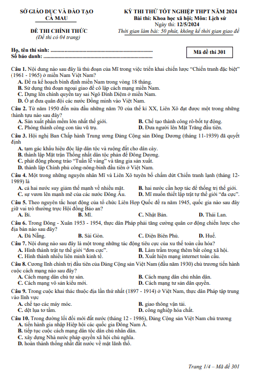 Đề thi thử tốt nghiệp THPT năm 2024 môn Lịch sử sở GD&ĐT Cà Mau