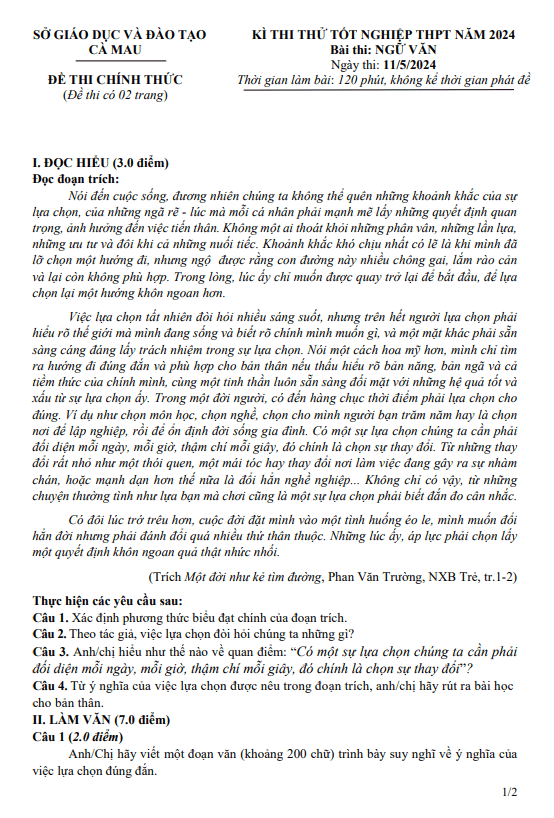 Đề thi thử tốt nghiệp THPT năm 2024 môn Ngữ Văn sở GD&ĐT Cà Mau