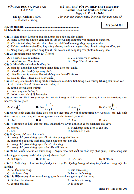 Đề thi thử tốt nghiệp THPT năm 2024 môn Vật lí sở GD&ĐT Cà Mau